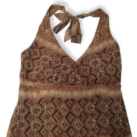 Earthy Brown Patterned Halter Dress Midi Length Smocked Nature Witch Fairy Core - Picture 6 of 9